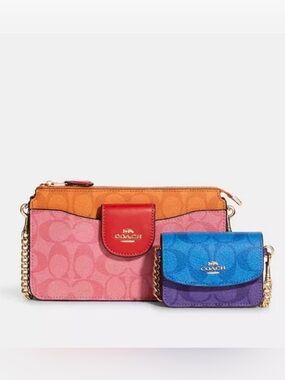NWOT Coach Poppy Crossbody w/ Card Case, Blocked Signature Canvas, Multicolour